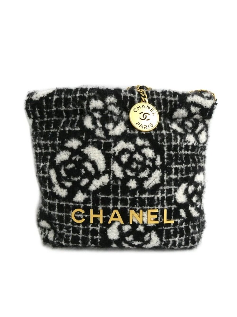 Chanel 22 Mini Handbag Camellia Cashmere Jacquard Black White Chain